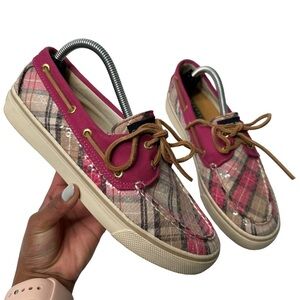 Sperry Top-Sider Bahama Pink Plaid Fuchsia Sequin Boat Shoe Slip on Women's 7M